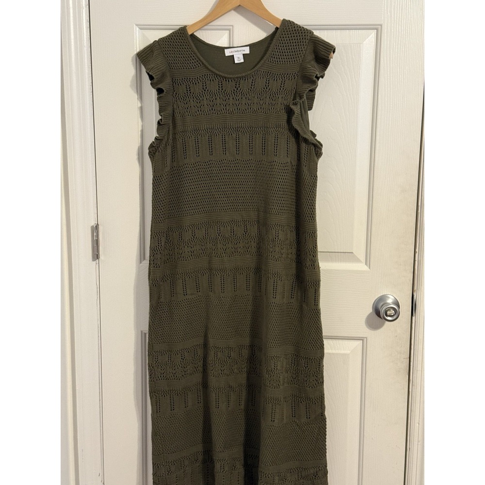 Liz Claiborne Green Knit Maxi  Dress XL Sleeveless Ruffle Sleeve Lined fall